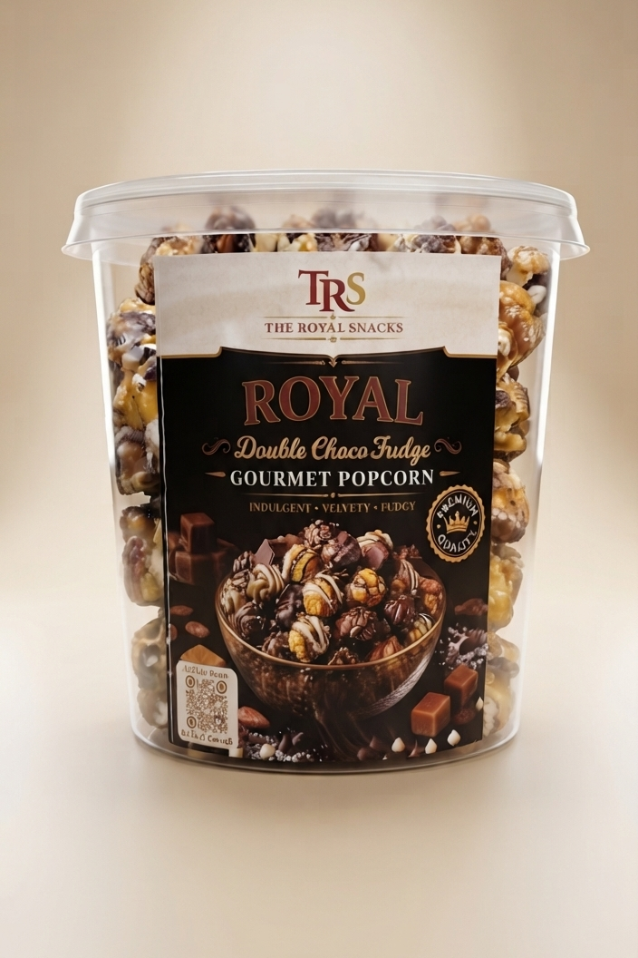 A clear plastic tub of The Royal Snacks Royal Gourmet Popcorn with Double Chocody Fudge flavor, featuring a black label with gold and white text, set against a warm beige background.