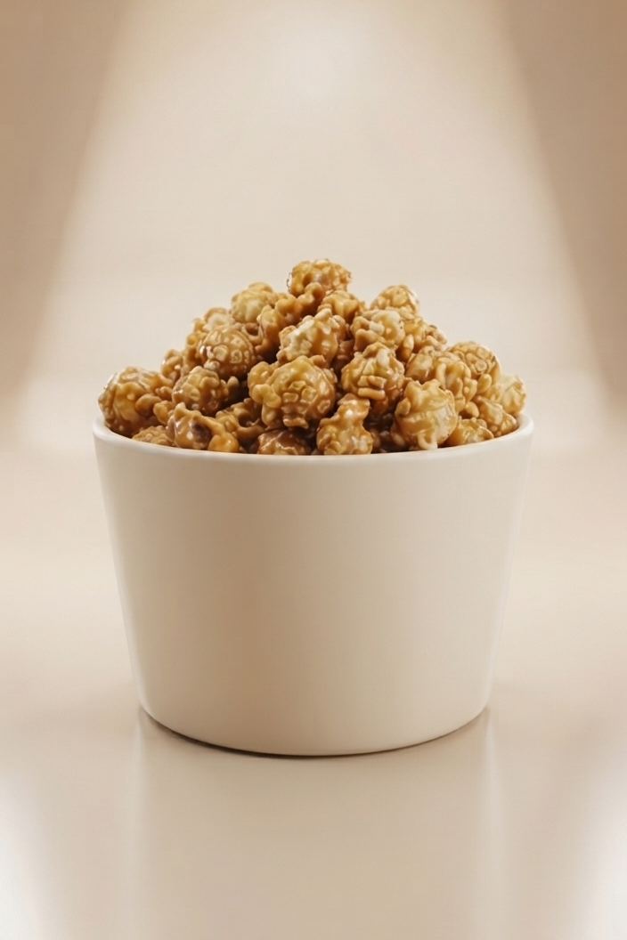 Caramel popcorn piled in a small white ceramic cup on a warm beige surface with soft overhead lighting.