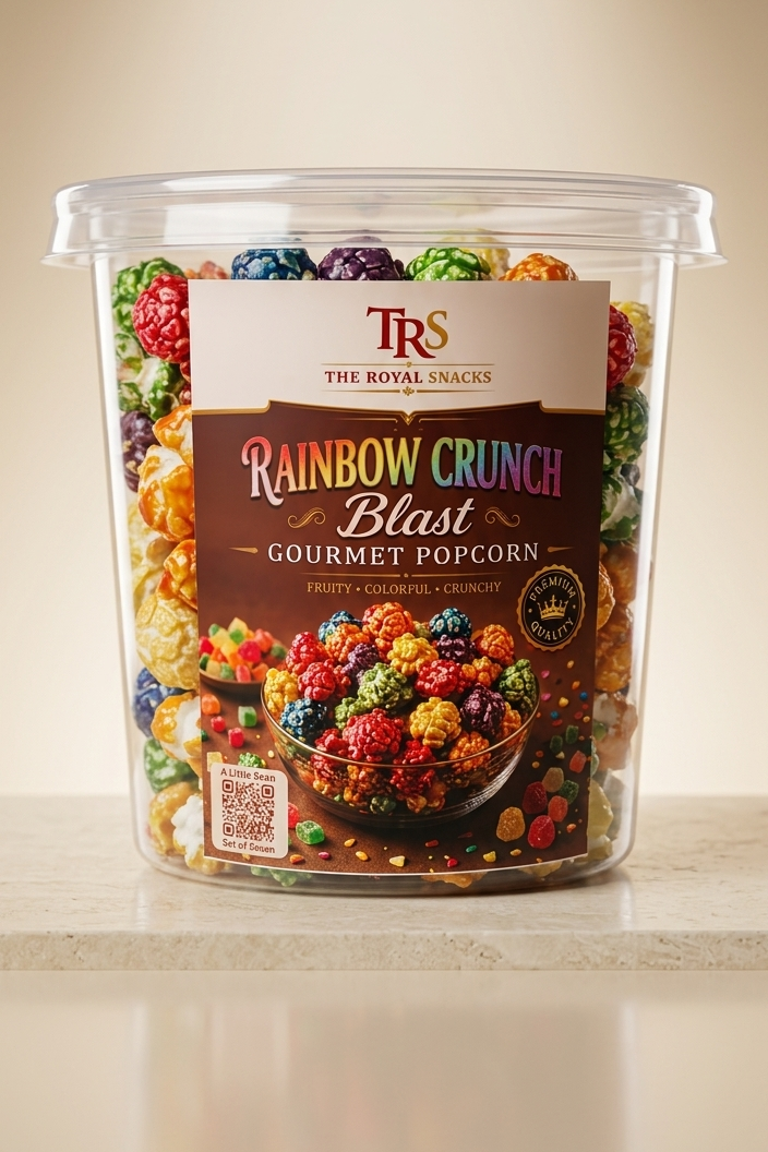 A clear plastic tub of TRS The Royal Treats Rainbow Crunch Blast Gourmet Popcorn filled with multicolored cereal pieces, set on a light beige surface against a warm beige background.