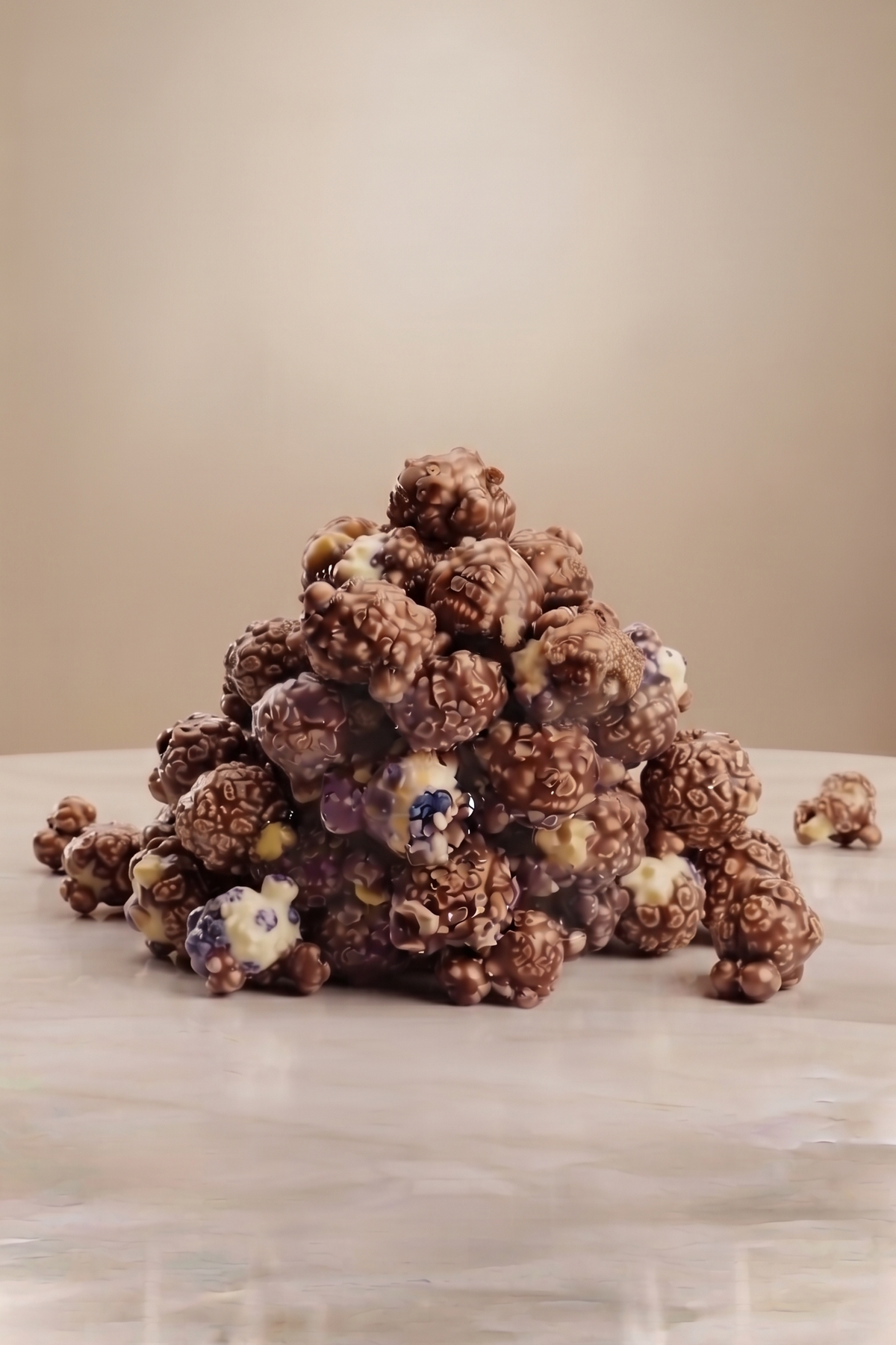 A small pyramid of gourmet popcorn clusters coated in dark and milk chocolate, displayed on a light marble surface against a warm beige background.