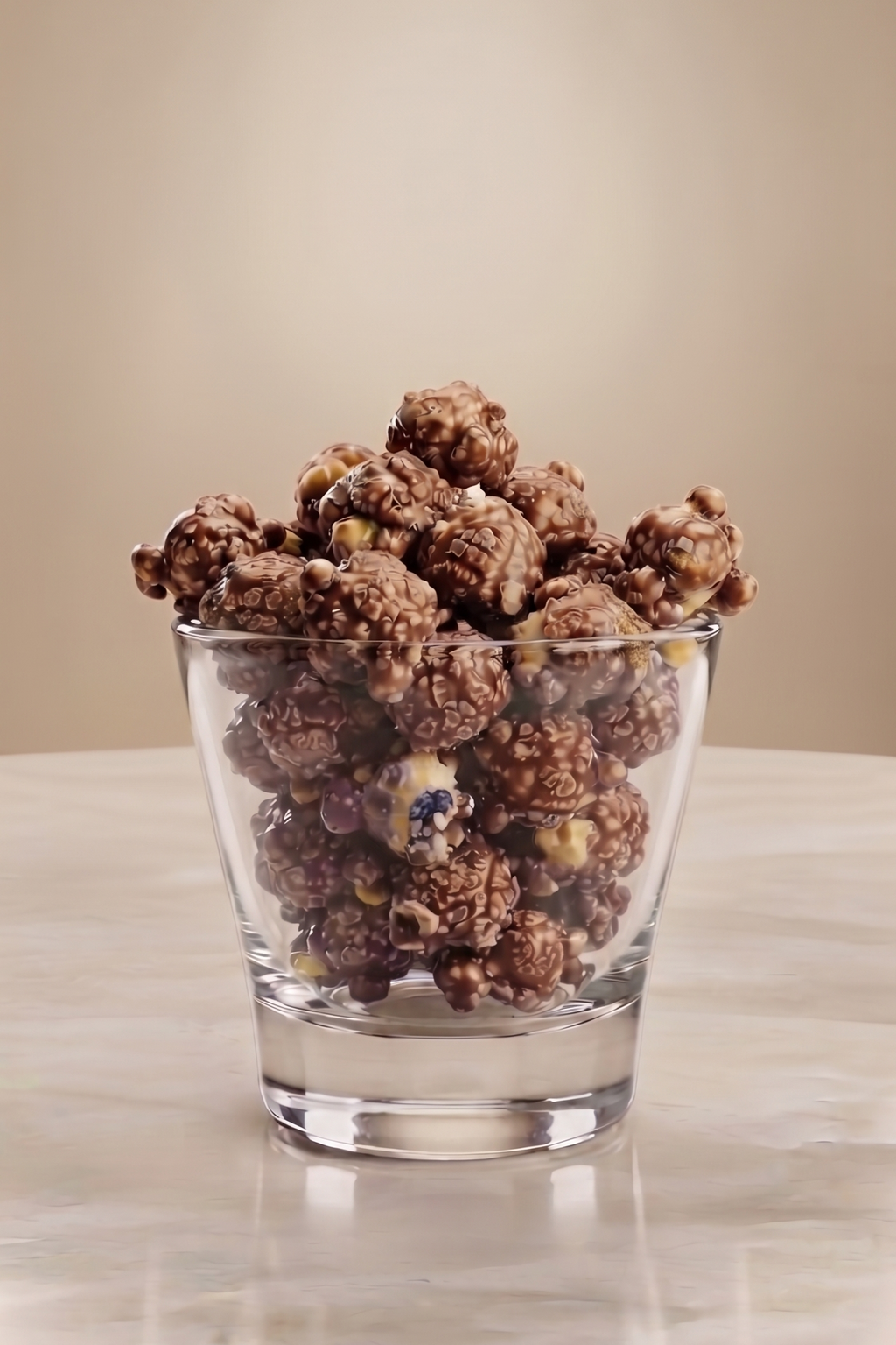Chocolate-coated popcorn clusters in a clear glass cup, set on a light marble surface against a warm beige background.